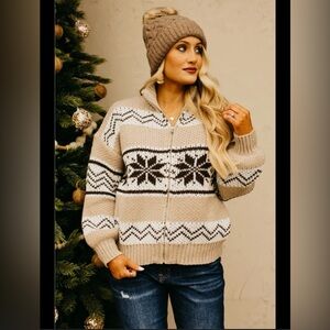 Vintage Brown Bison Zip-Front Nordic Wool Sweater Jacket in Taupe & Cream